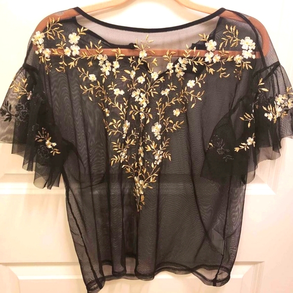 Express Floral Embroidered Mesh Top - Picture 1 of 5